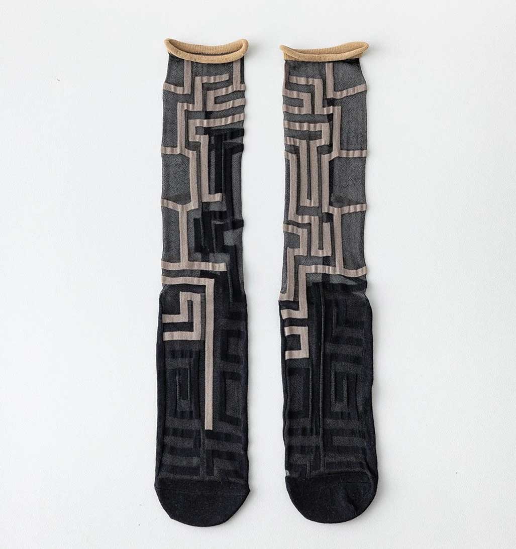 Rufia Asymmetrical Pattern Sheer Socks - Grey/Black - re-souL