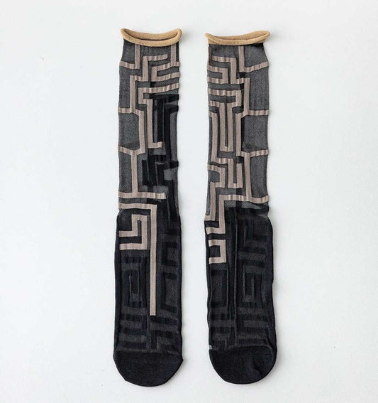Rufia Asymmetrical Pattern Sheer Socks - Grey/Black - re-souL