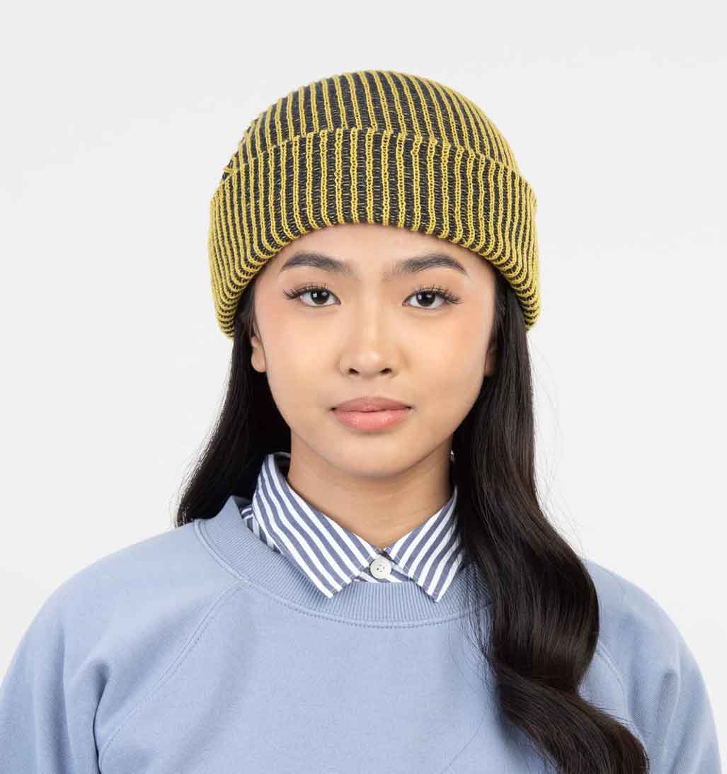 Simple Rib Knit Beanie - Golden Olive/Navy - re - souL