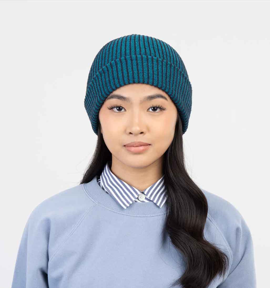 Simple Rib Knit Beanie - Navy/Teal - re - souL
