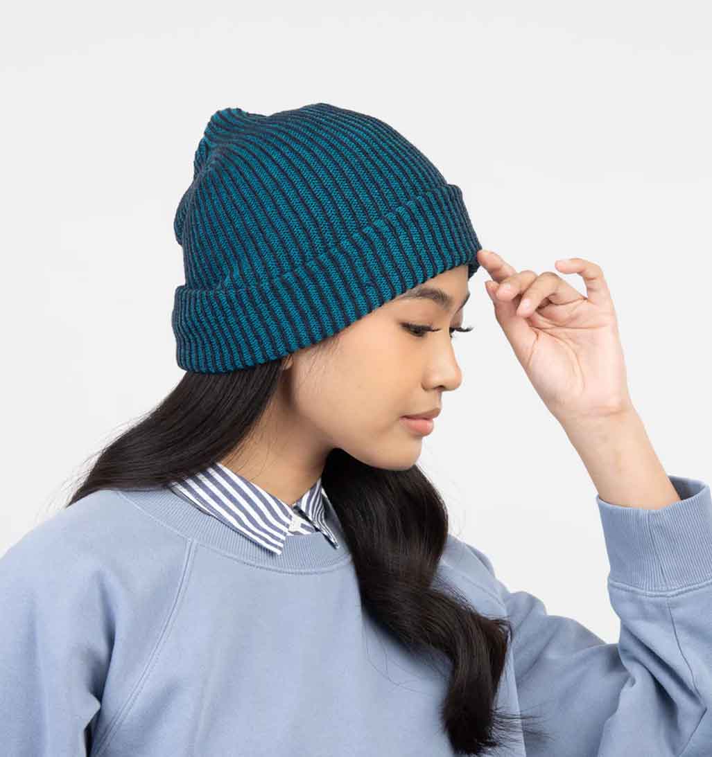 Simple Rib Knit Beanie - Navy/Teal - re - souL