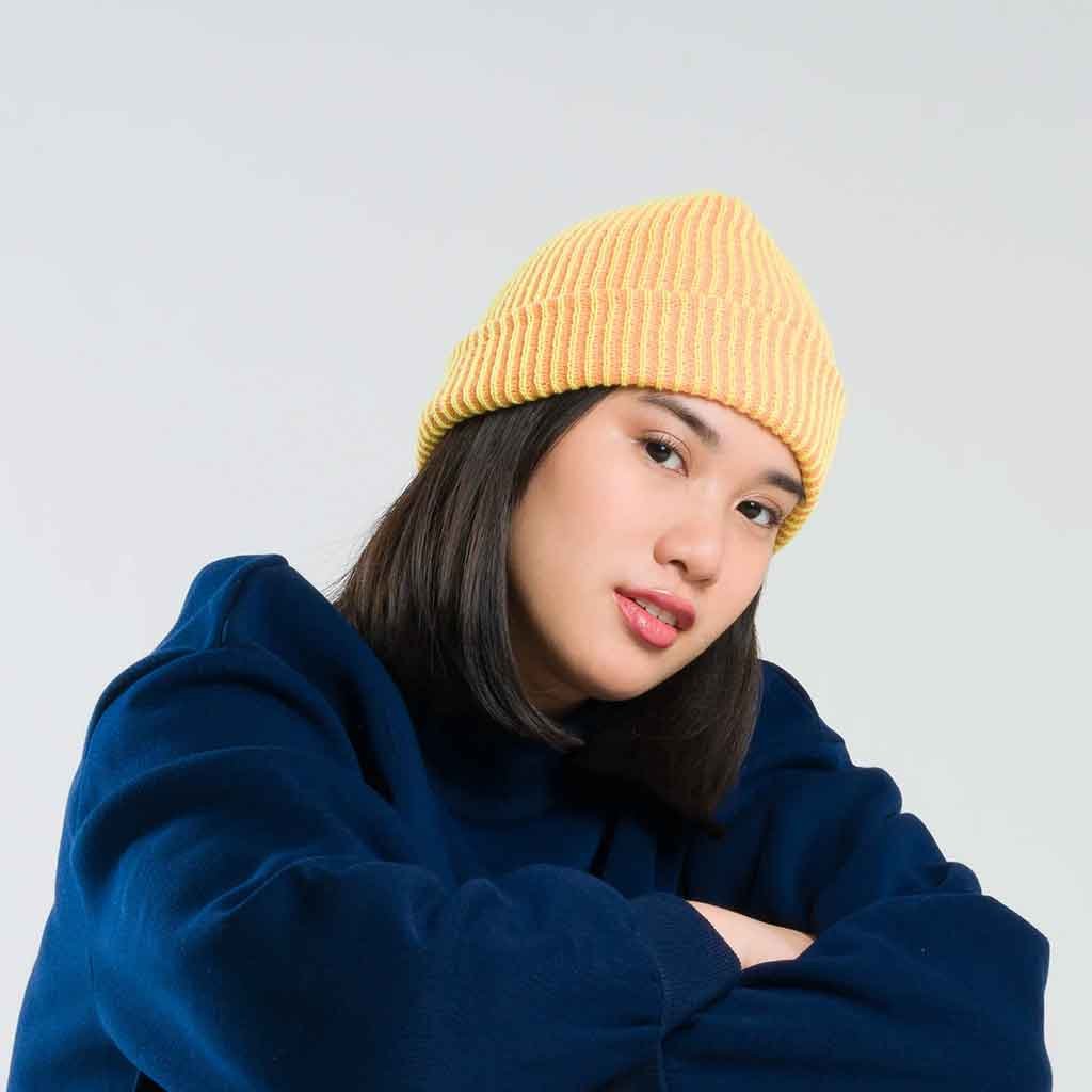 Simple Rib Knit Beanie - Peach/Lime - re - souL