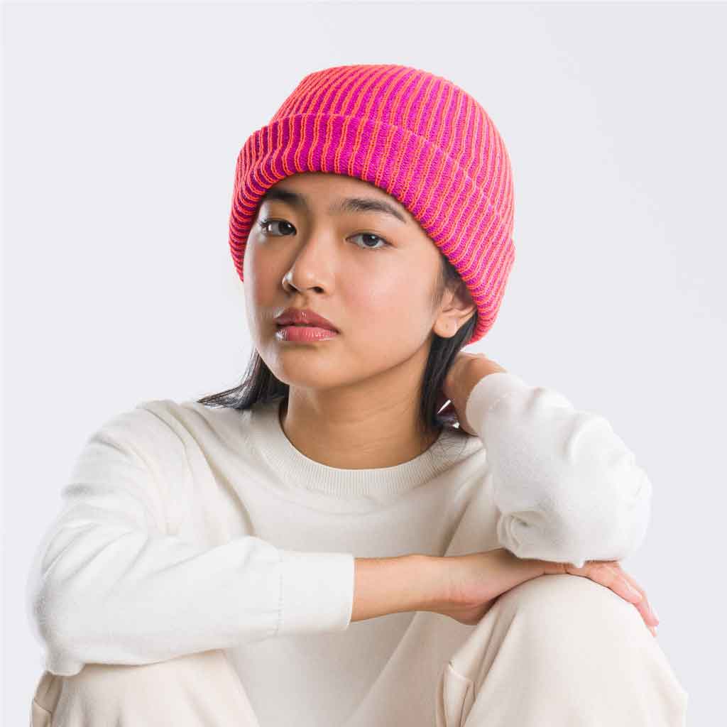 Simple Rib Knit Beanie - Poppy/Magenta - re - souL