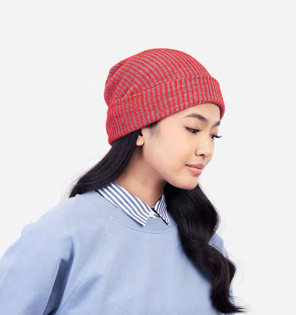 Simple Rib Knit Beanie - Red/Grey - re - souL