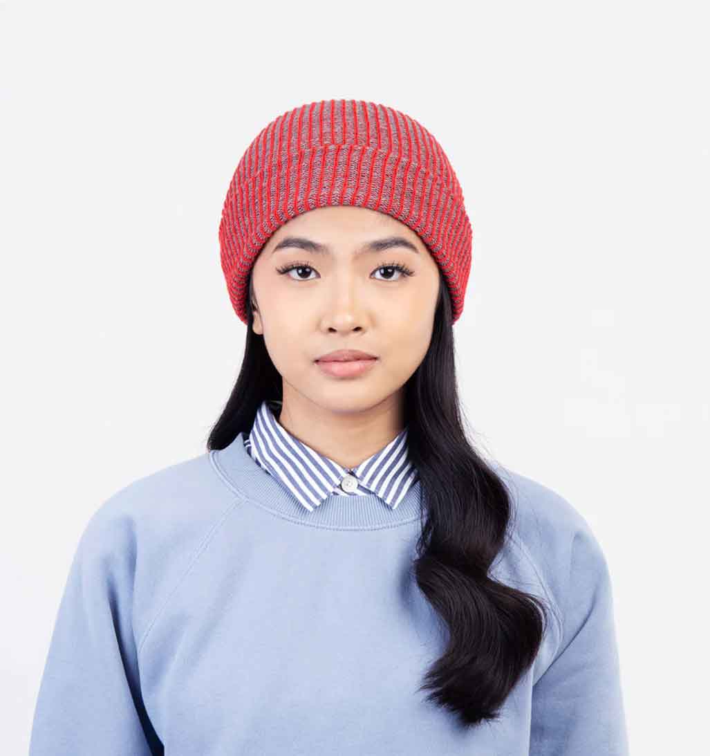 Simple Rib Knit Beanie - Red/Grey - re - souL