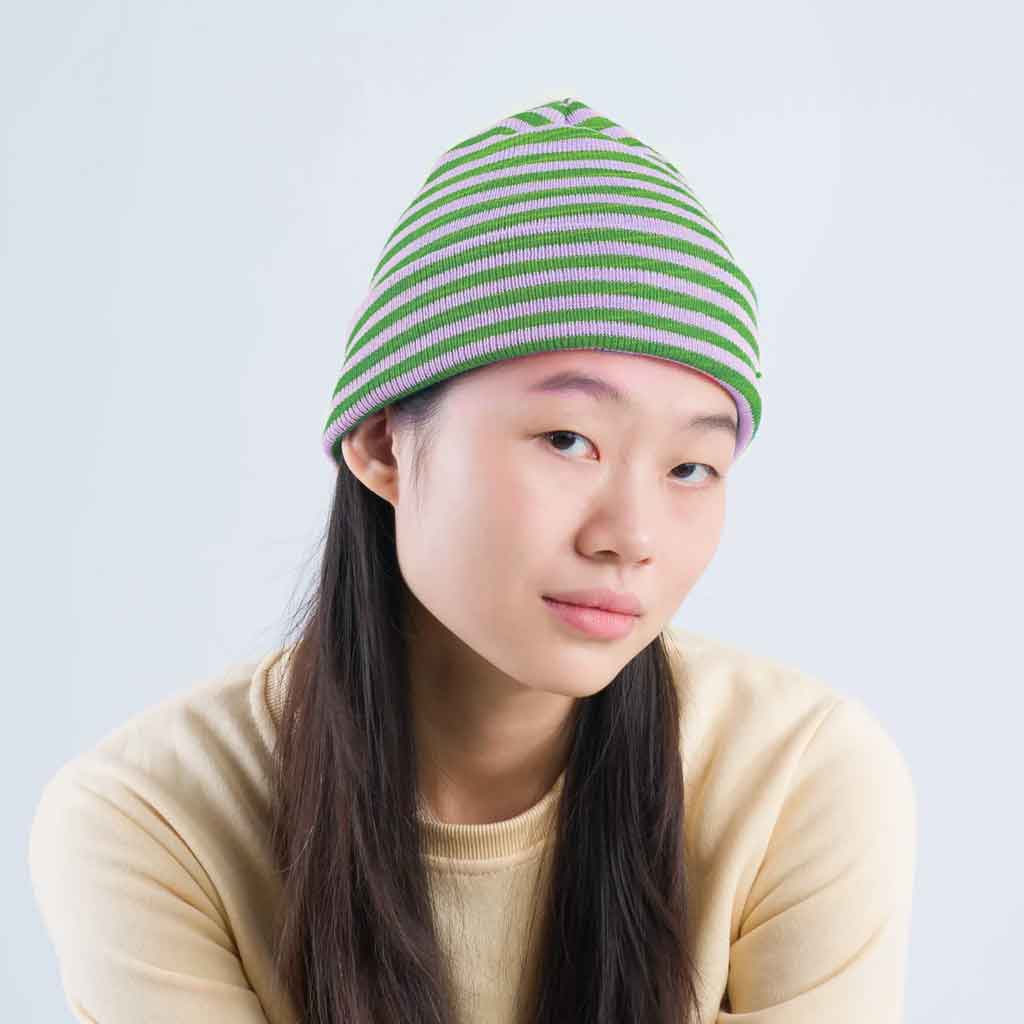 Simple Stripe Knit Beanie - Kelly/Lilac - re - souL