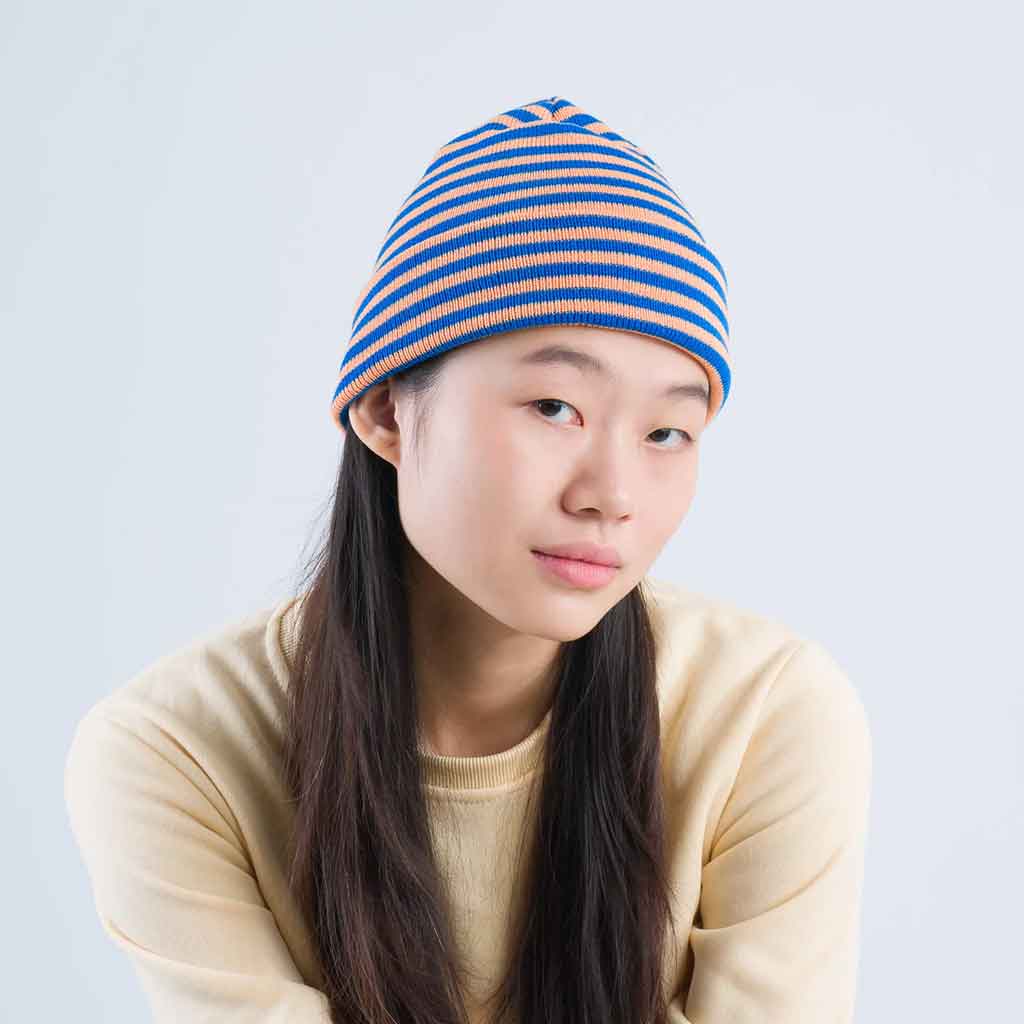 Simple Stripe Knit Beanie - Peach/Cobalt - re - souL