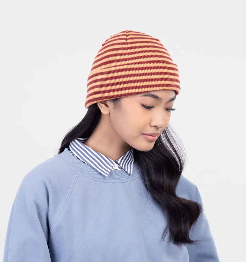Simple Stripe Knit Beanie - Peach/Red - re - souL