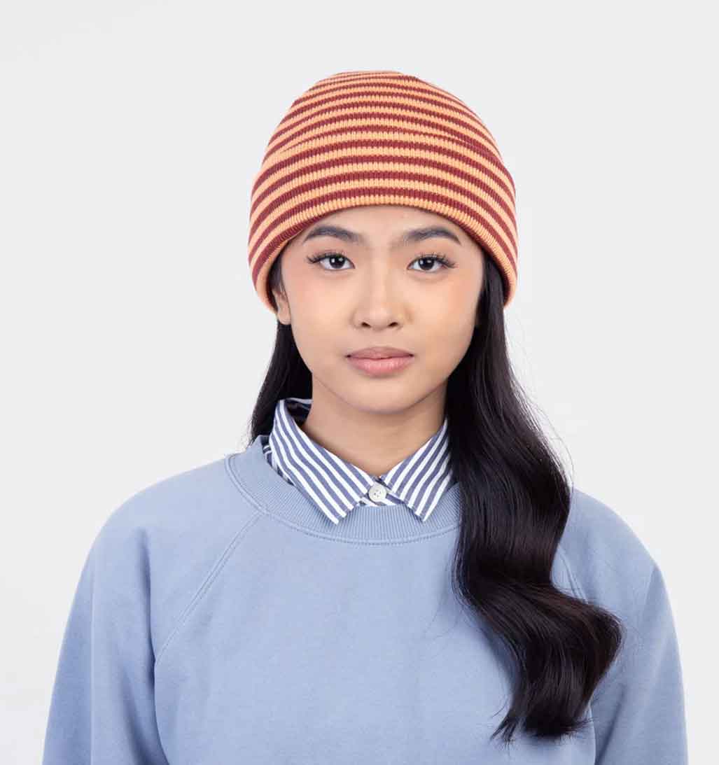 Simple Stripe Knit Beanie - Peach/Red - re - souL