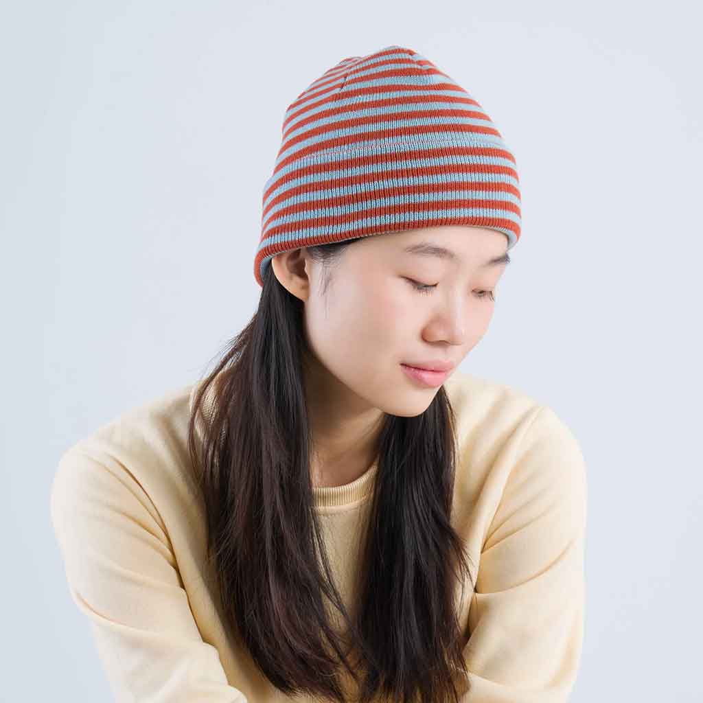 Simple Stripe Knit Beanie - Stone Blue/Rust - re - souL