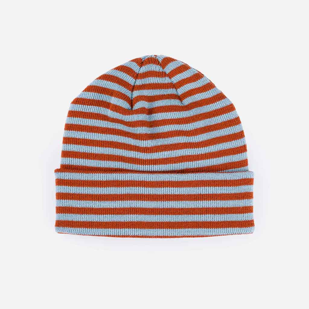 Simple Stripe Knit Beanie - Stone Blue/Rust - re - souL