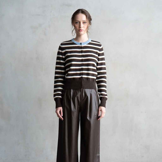 Striped Crew Neck Cardigan - Brown Stripe - re - souL