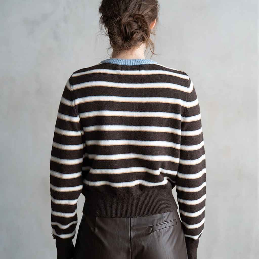 Striped Crew Neck Cardigan - Brown Stripe - re - souL