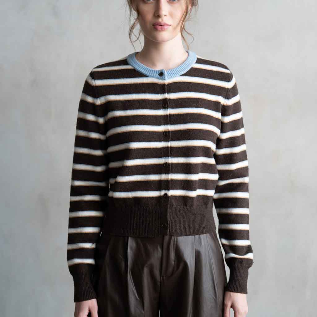 Striped Crew Neck Cardigan - Brown Stripe - re - souL