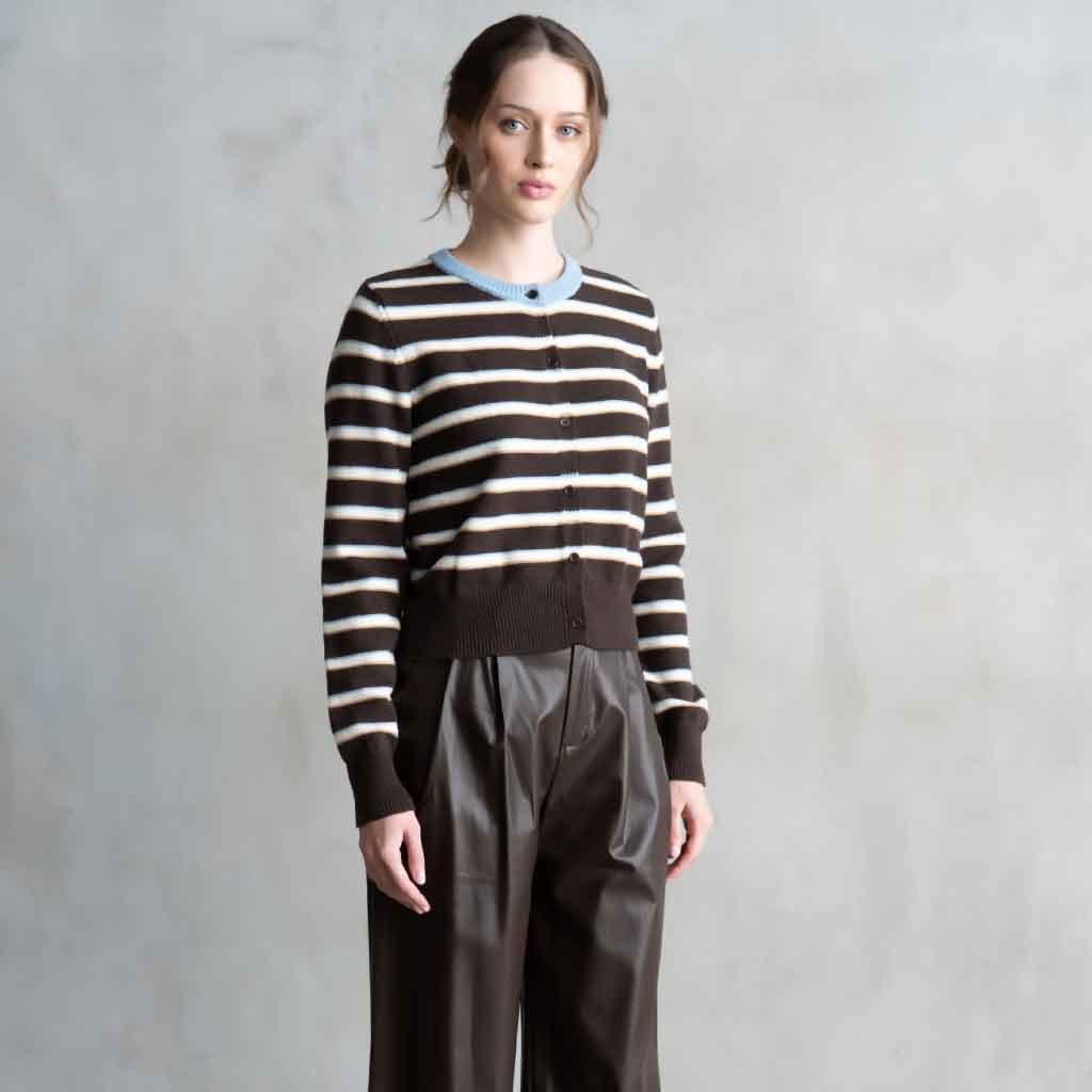 Striped Crew Neck Cardigan - Brown Stripe - re - souL
