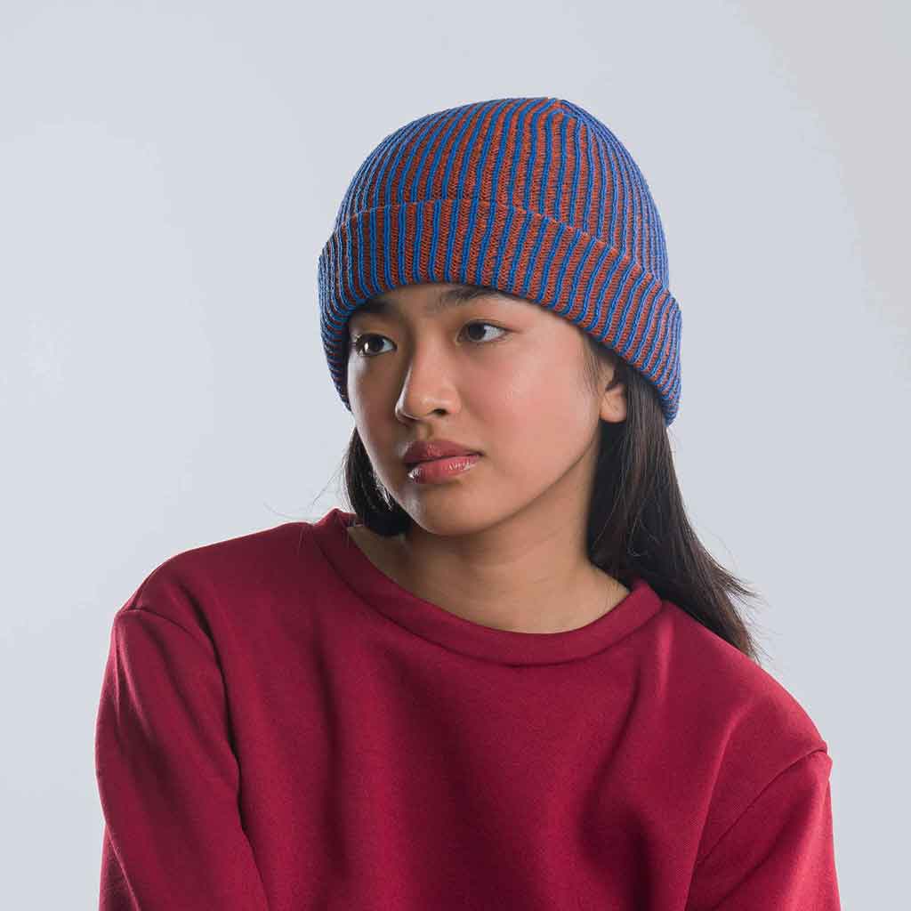 Simple Rib Knit Beanie - Cobalt Rust