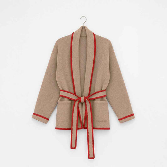 Whipstitch Cardigan with Belt - Taupe - re - souL