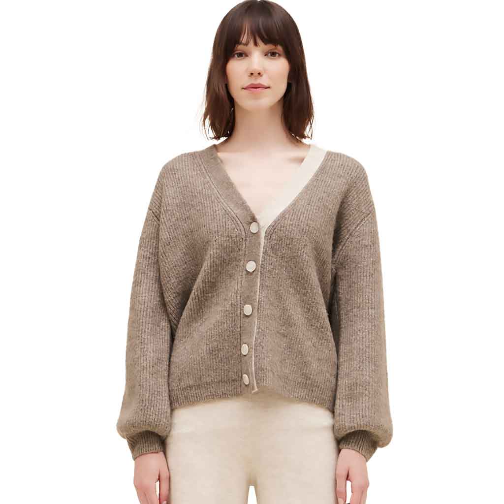 Grade and Gather Accent Placket Cardigan - Greige - re-souL