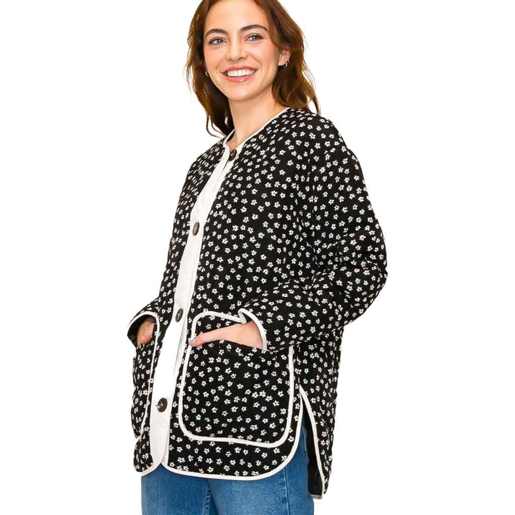 Quilted Black Floral Jacket for Women - re-souL