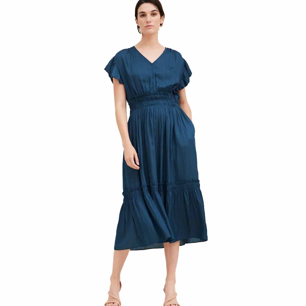 V-Neck Satin Dress - Blue Jewel - re-souL